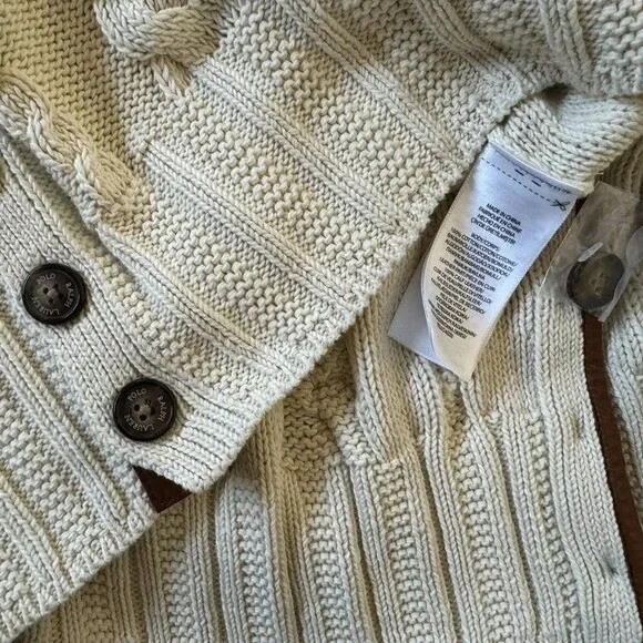 NWT Polo Ralph Lauren Cream 100% Cotton Cable Knit Leather Trim Button Sweater M - Picture 5 of 10